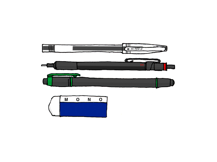 illustration, writing tools | イラスト, ロットリングのシャープペンシル、パイロットのHI-TEC-C、三菱鉛筆のカラーマーカー、トンボのMONO