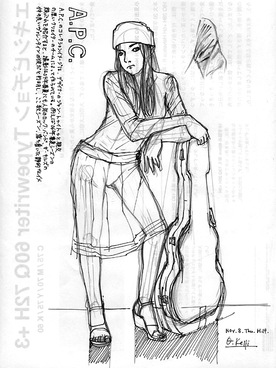 drawing, A. P. C. girl, pigment pen | スケッチ, 透け女, ミリペン