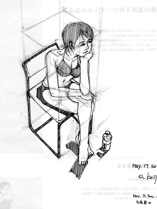drawing, thinking pose, girl, pigment pen | ラクガキ, 考えるふり, 椅子に座った女の子, ミリペン
