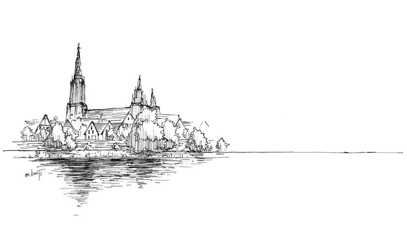 illustration, Ulm Minster | イラスト, 川面に影を映すウルム大聖堂