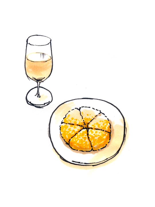 illustration, meal | イラスト, マラコフ（チーズのフライ）とワイン