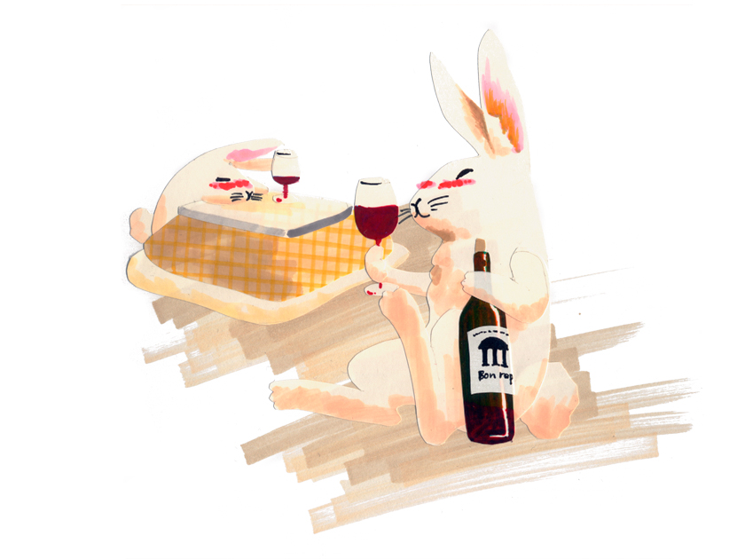 illustration, new year card, rabbit | イラスト, 卯年賀状, ワインを飲んで盛り上がる呑んだくれウサギ