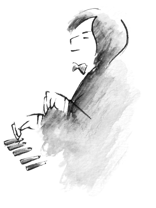 illustration, pianist, portrait | イラスト, ピアニストの演奏姿のモノクロ似顔絵