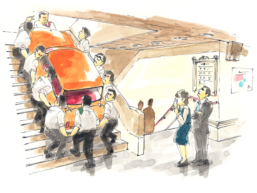 illustration, past episode | イラスト, 百貨店の大階段で自動車を担いで運ぶ