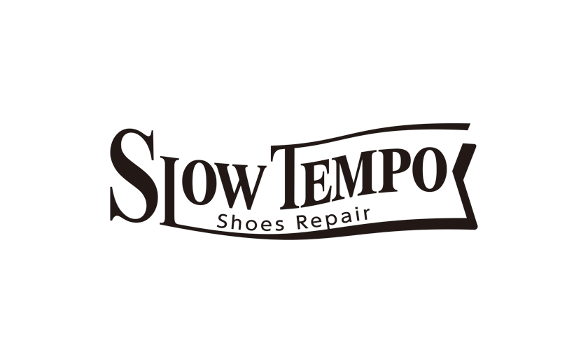 logotype design, shoes repair shop, lettering | [SLOW TEMPO]の字面がたなびく旗のようにうねる革靴修理店のロゴタイプ, スモールキャップ風, レタリング