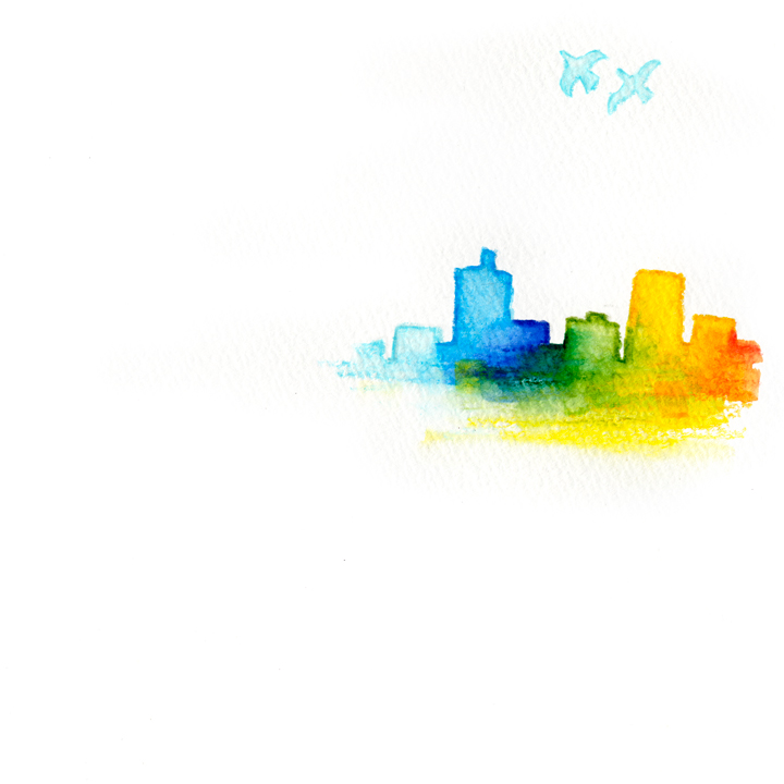 illustration, happy song | イラスト, 虹色のグラデーションで描いた明るい街と飛ぶ鳥