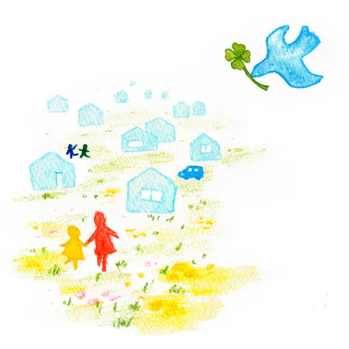 illustration, happy song | イラスト, 鳥が四ツ葉を運んでくる平和な街