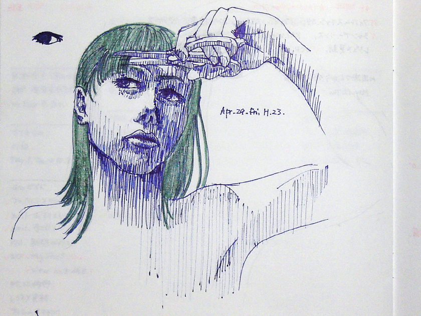 drawing, a girl, ballpoint pen, colored pencil | スケッチ, 髪を切る女, 青ボールペン, 色鉛筆