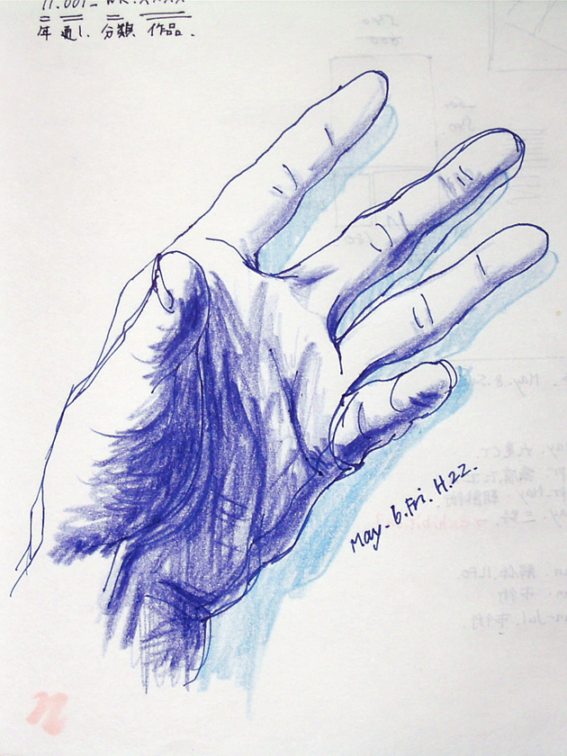 drawing, my left hand, ballpoint pen, colored pencil | スケッチ, 自分の左手, 青ボールペン, 色鉛筆
