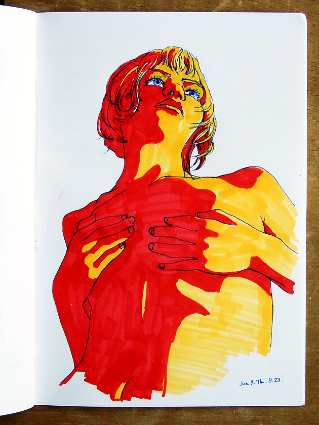 illustration, a girl, ballpoint pen, marker | イラスト, 唐人A子, 強い陰影, ボールペン, マーカー
