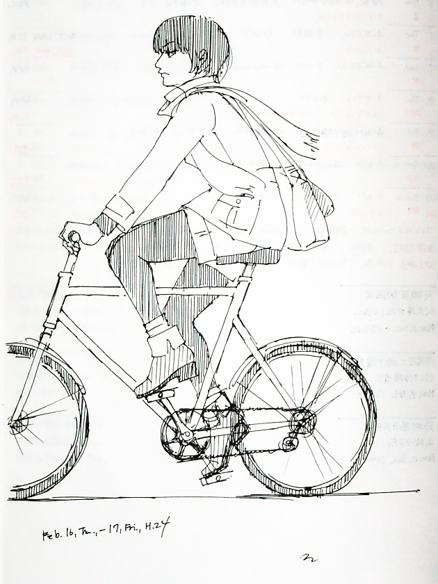 illustration, girl and bicycle | イラスト, 自転車に乗った冬服の女の子
