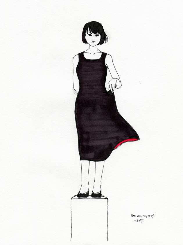 illustration, standing girl | イラスト, 小さな足場に立つ黒いワンピースの女の子
