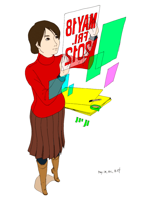 illustration, Union member girl | イラスト, 壁にビラを貼る組合員の冬服の女の子