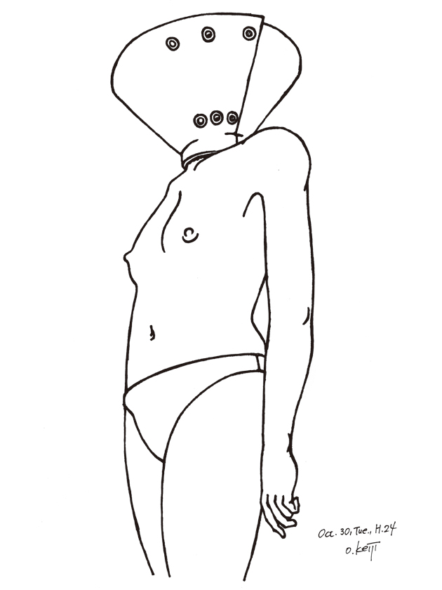 illustration, girl with Elizabeth collar | イラスト, エリザベスカラーをはめた裸の女（屍体）