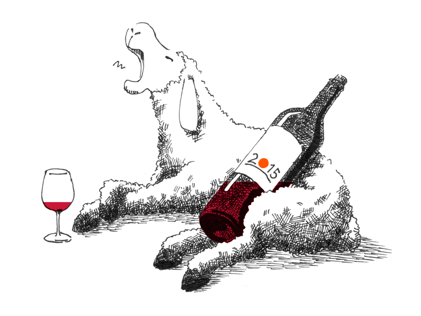 illustration, new year card, sheep | イラスト, 未年賀状, ワインボトルを抱えてあくびをする呑んだくれ羊