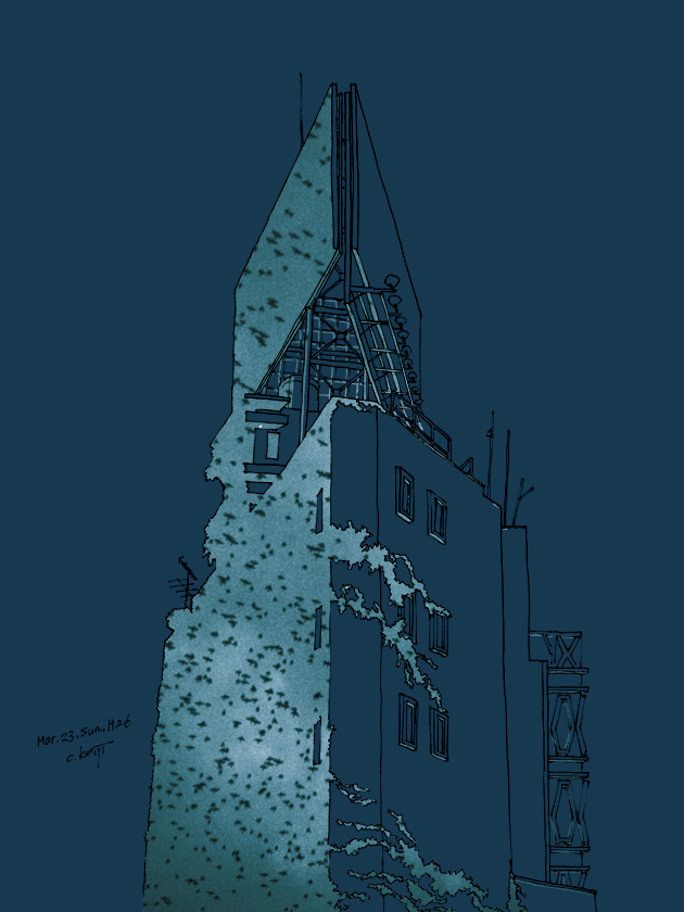 illustration, old building | イラスト, 岡山市柳町にあった角の尖ったビル, ヒヨドリの群れ