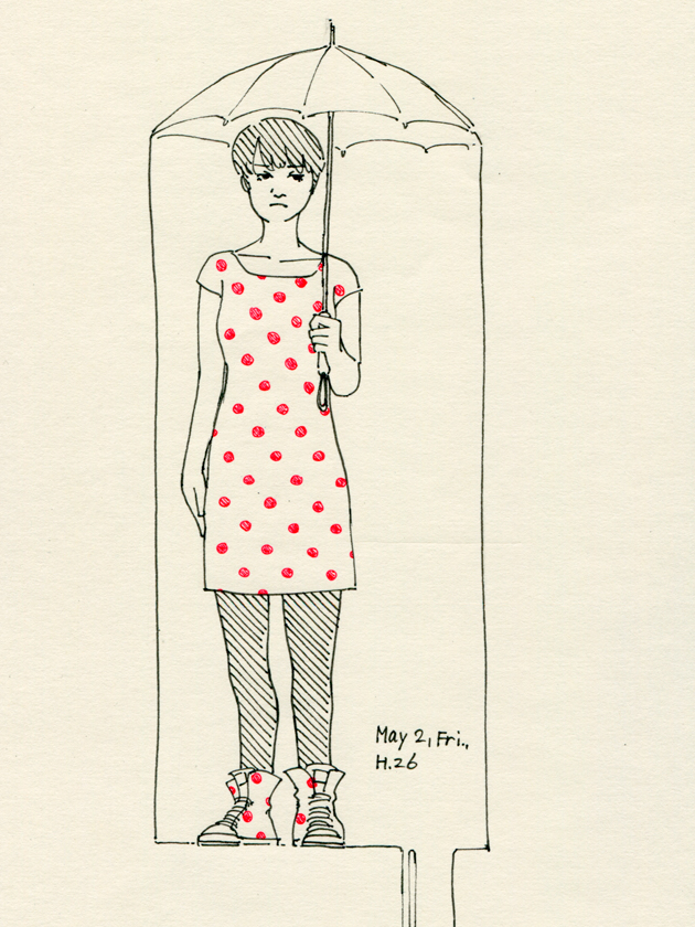 illustration, umbrella girl | イラスト, 傘をさす赤い水玉ワンピースの女の子