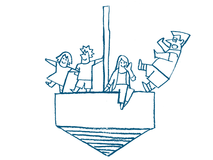 illustration, family | イラスト, コマに乗った子供たちとママとパパ, やわらかいタッチ