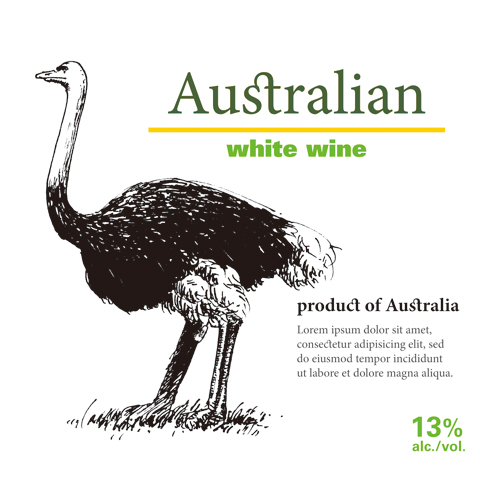 package design, bottle wine label, illustration | ボトルワインの商標ラベル原案, オーストラリア, ダチョウの細密イラスト