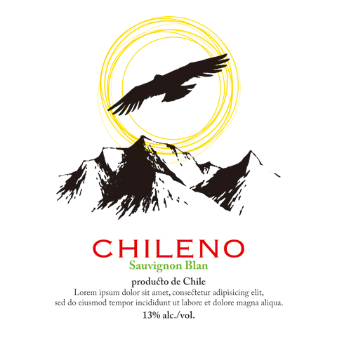 package design, bottle wine label, illustration | ボトルワインの商標ラベル原案, チリ, アンデスの山とコンドルと太陽のイラスト