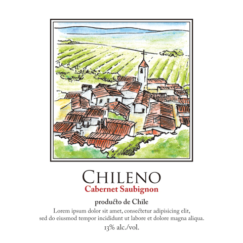 package design, bottle wine label, illustration | ボトルワインの商標ラベル原案, チリ, 山岳部の農村をイメージした水彩画