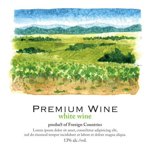 package design, bottle wine label, illustration | ボトルワインの商標ラベル原案, 葡萄畑と遠景の風景水彩画