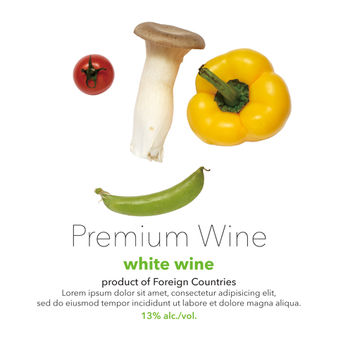 package design, bottle wine label, photo collage | ボトルワインの商標ラベル原案, カラフルな野菜を並べてスマイルを象った写真コラージュ