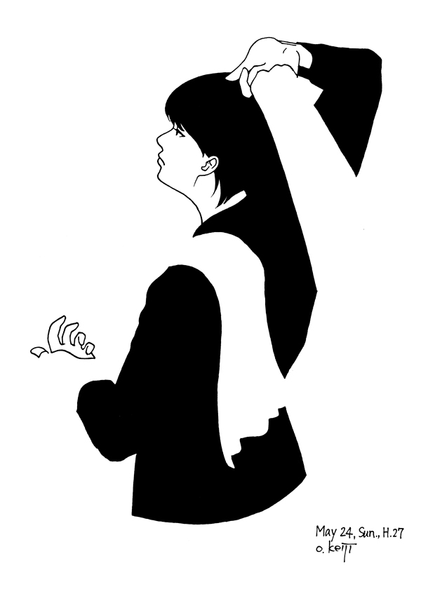 illustration, black clothes girl | イラスト, 黒服の女の子, 白抜きで表現した白布