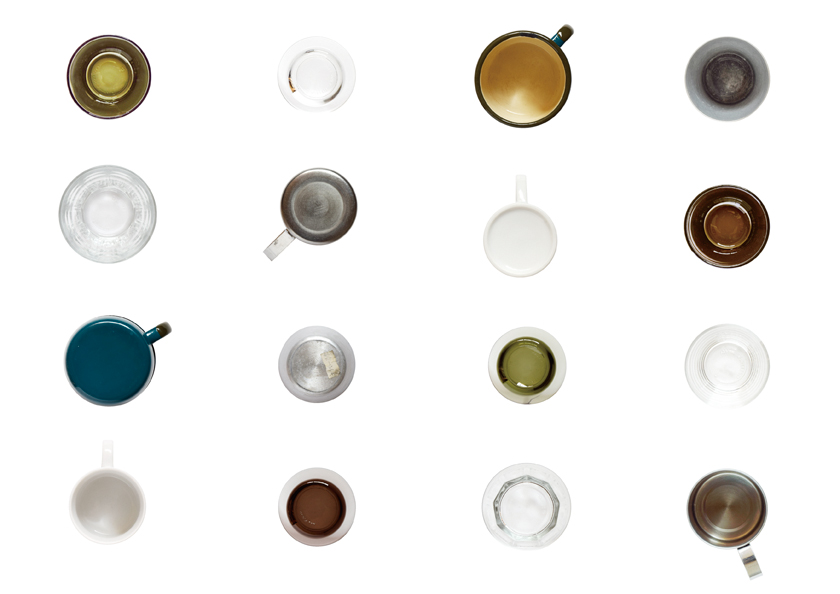 visual art, cups | ビジュアルアート, ガラスコップやマグカップなど丸い器を並べた構成