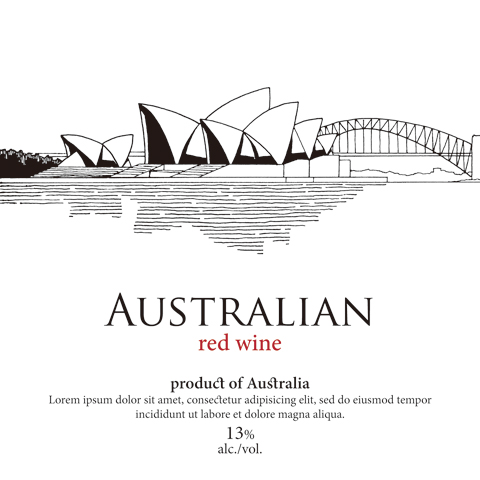 package design, bottle wine label, illustration | ボトルワインの商標ラベル原案, オーストラリア, オペラハウスの線画イラスト