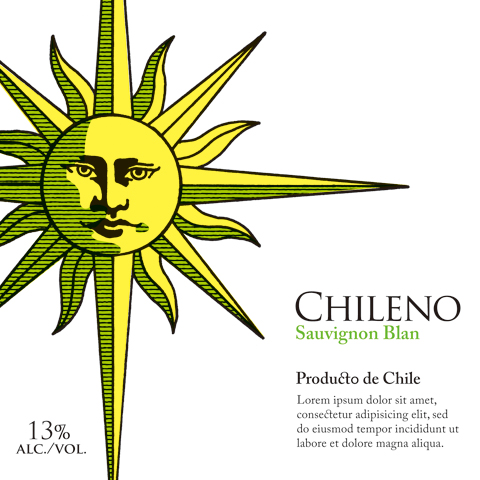 package design, bottle wine label, illustration | ボトルワインの商標ラベル原案, チリ, 擬人化した太陽の銅版画風イラスト