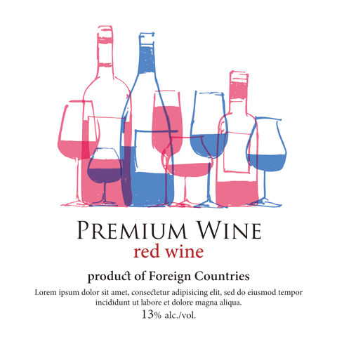 package design, bottle wine label, illustration | ボトルワインの商標ラベル原案, ワインボトルやグラスの並んだイラスト