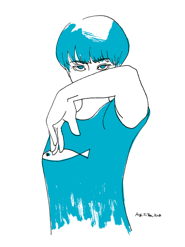 illustration, a girl in blue T-shirt | イラスト, 魚のイラストのある青いTシャツを着た短髪の女の子