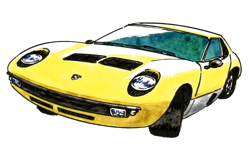 illustration, Lamborghini Miura, a racing driver | イラスト, 70年代少年漫画タッチ, レーシングドライバーとスーパーカー