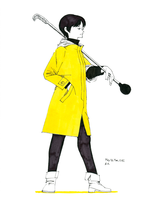 illustration, girl in yellow coat, pigment pen, water color | イラスト, 黄色いコートの孫, ピグメントペン, 透明水彩