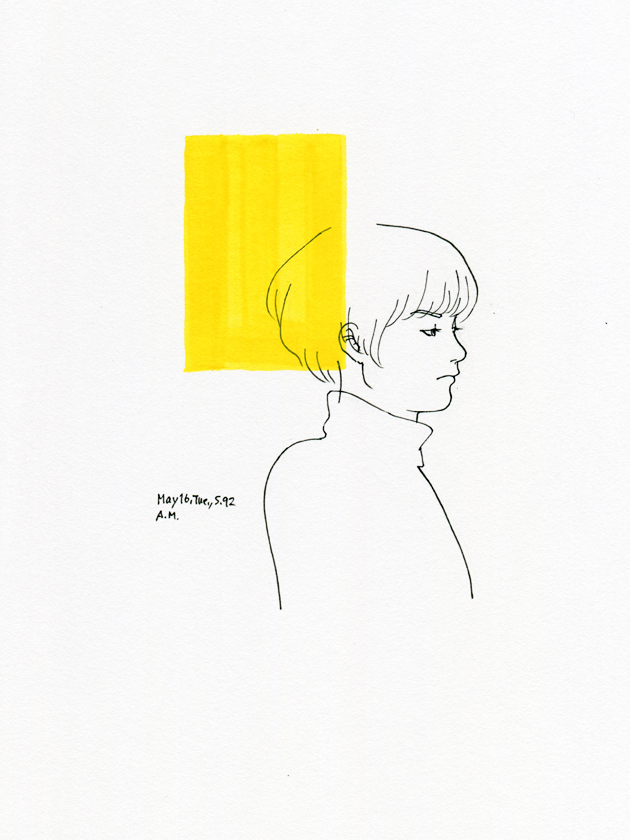 illustration, short cut girl with yellow box, pigment pen, water color | イラスト, 黄色い色面と横顔の女の子, ピグメントペン, 透明水彩