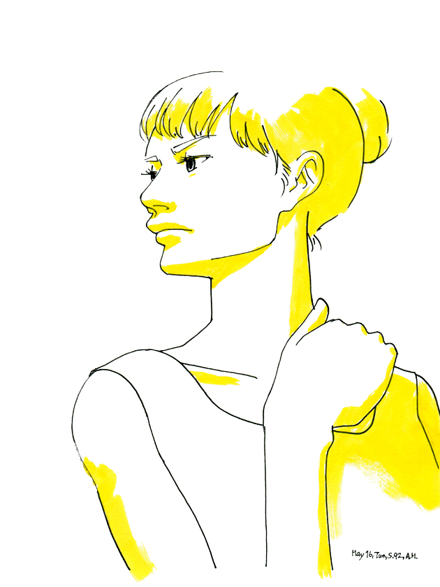 illustration, a girl, pigment pen, water color | イラスト, 肩が凝ってるケイちゃん, ピグメントペン, 透明水彩