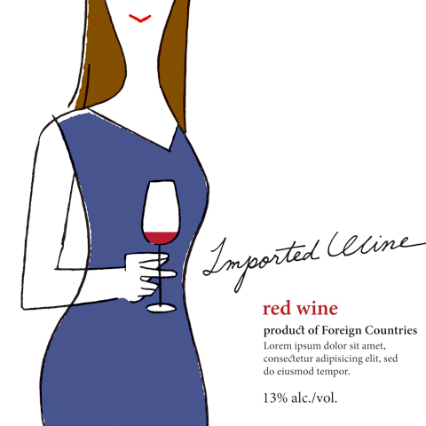 package design, bottle wine label, illustration | ボトルワインの商標ラベル原案, ワイングラスを持つ女性のイラスト