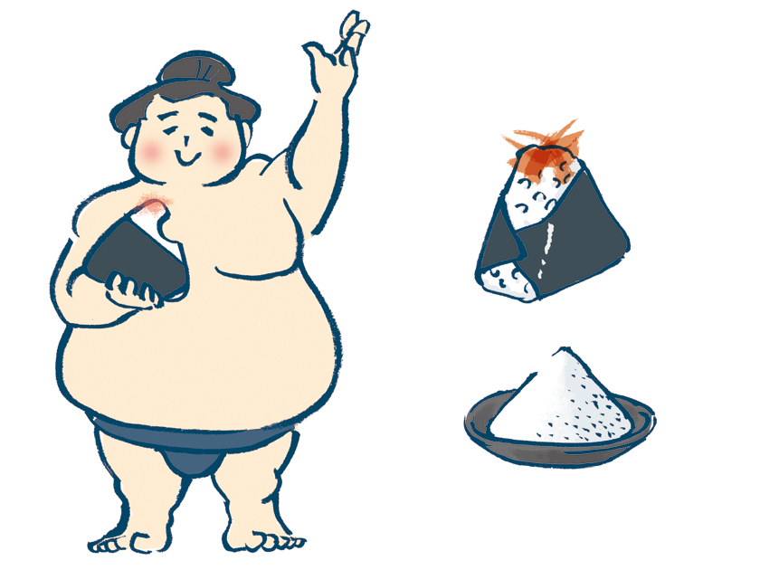 illustration, Sumo Rikishi | イラスト, おむすびを食べながら塩を撒く力士