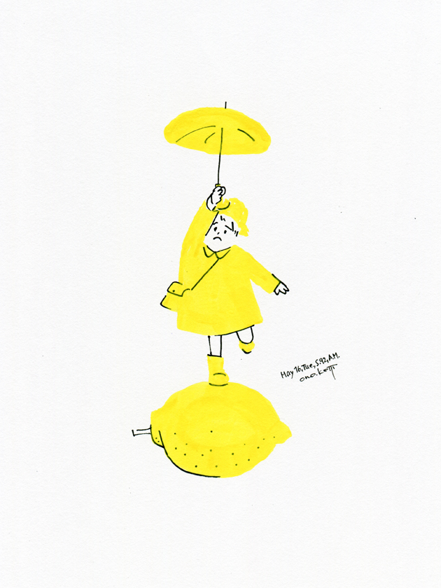 illustration, a boy in yellow rain coat | イラスト, 黄色い傘に黄色い雨具を着た男の子とレモン