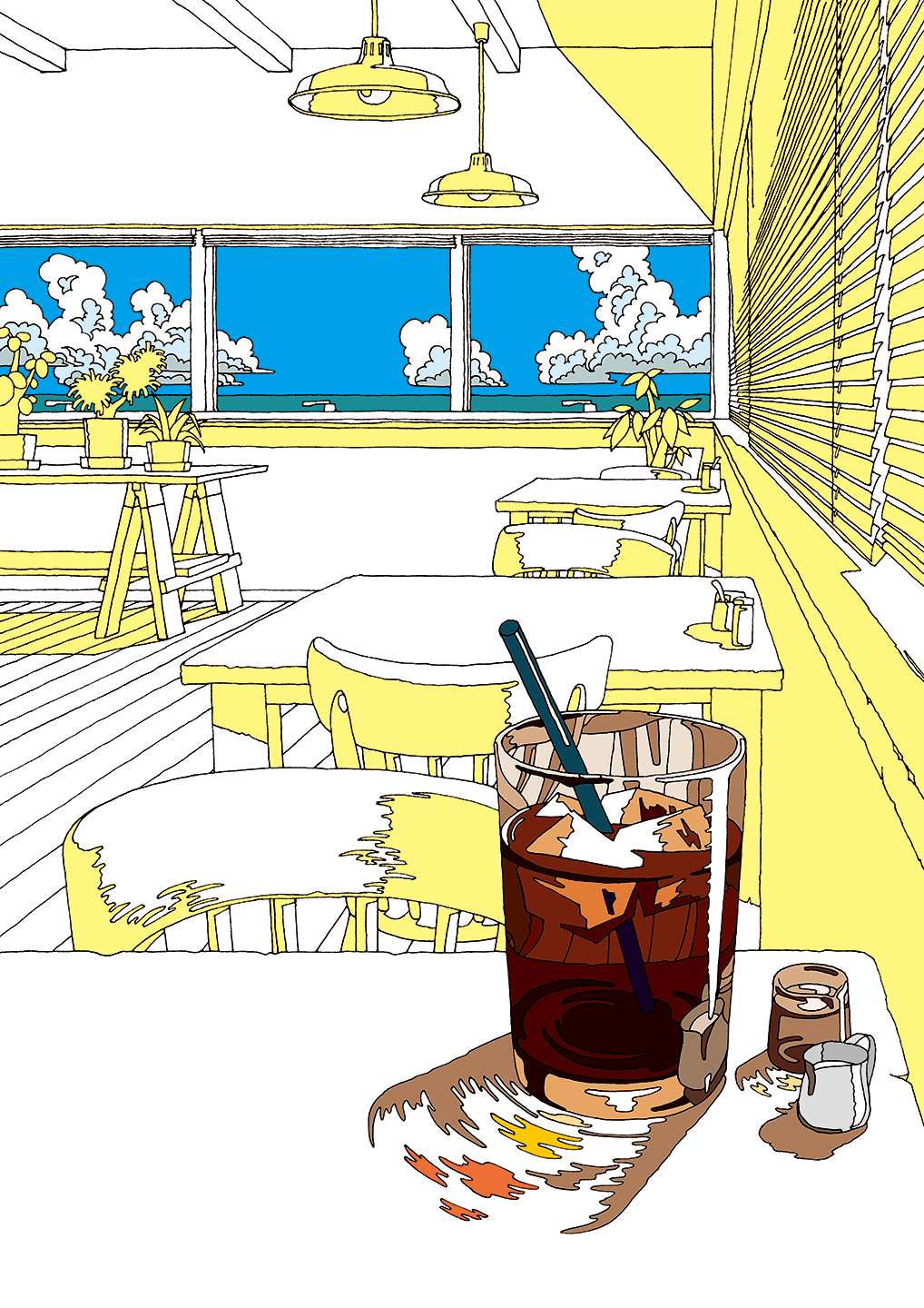 illustration, iced coffee, cafe, summer sky | イラスト, 夏の水平線が見えるカフェ, テーブルの上にアイスコーヒー