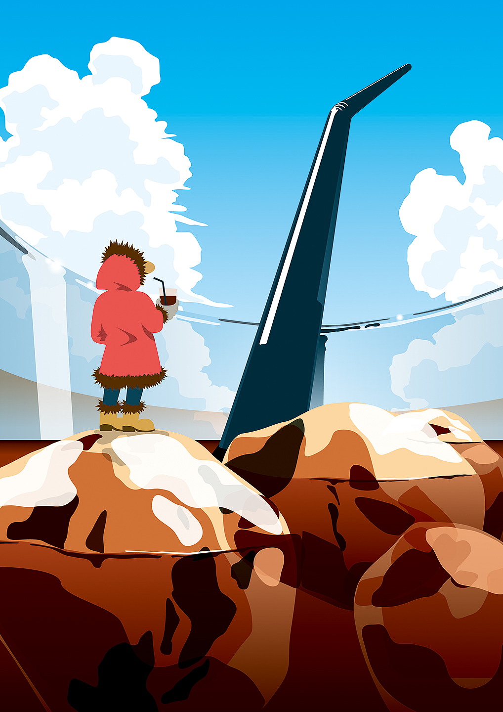 illustration, iced coffee, polar region, summer | イラスト, アイスコーヒーのグラスの内側から夏の空を見上げる人, 北極